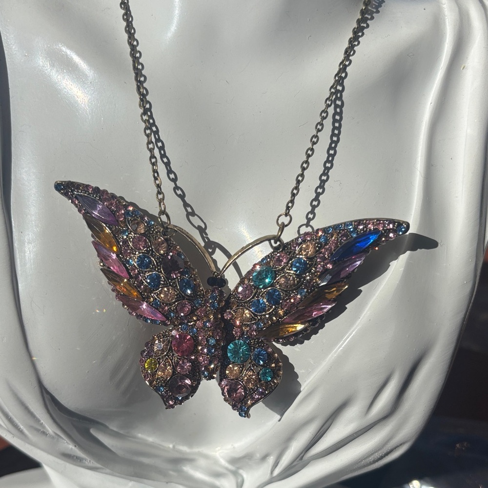 Rainbow Rhinestone Butterfly Statement Necklace 2… - image 2